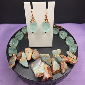 Aqua Terra Jasper and Raw Aquamarine Necklace Choker and Earrings